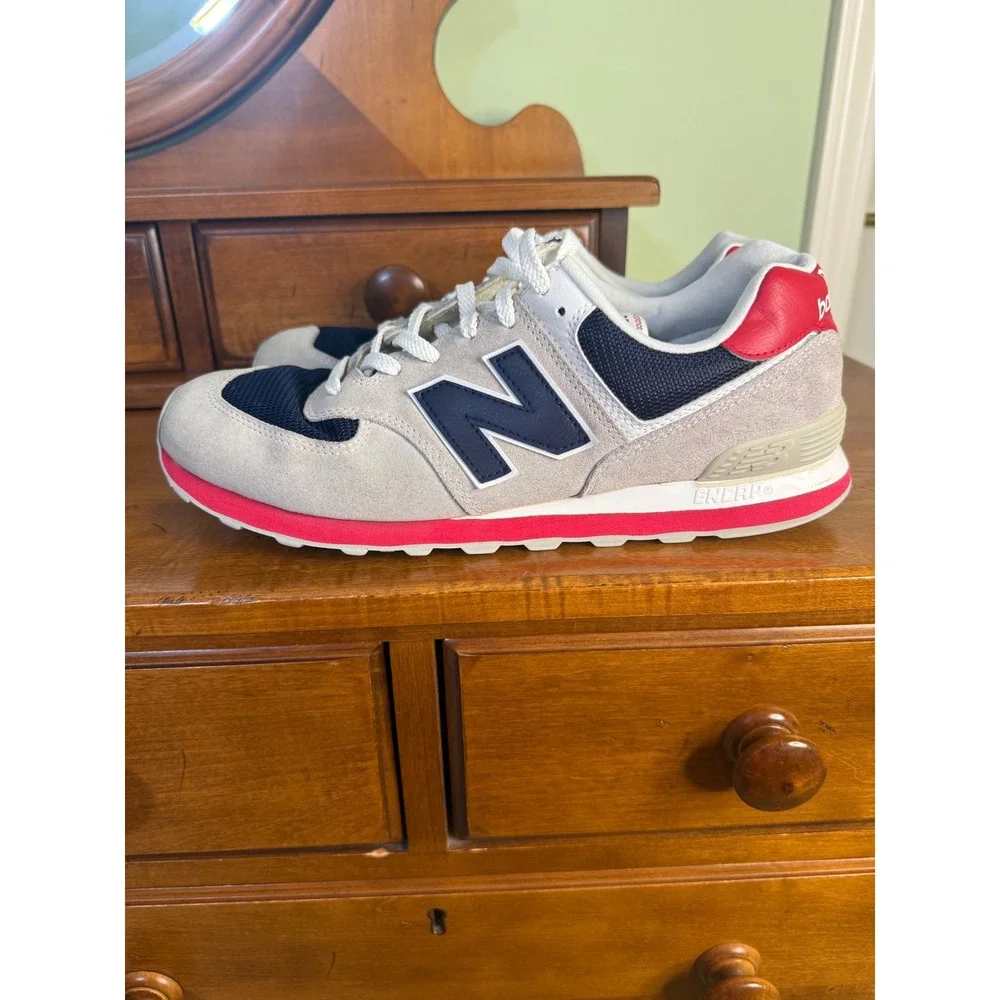 New Balance 574 Classic Mens 12  Grey Navy Red Suede Sneakers ML574 retro